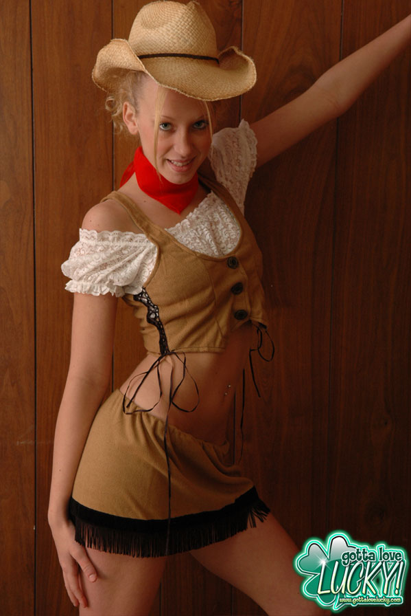 Pretty Blonde In Sexy Cowgirl Outfit Gets Topless And Hides Tits Under