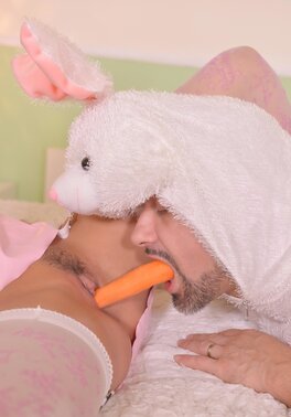 Teen with bunny ears loves carrot because it looks like cock of fucker