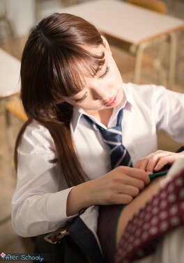 Long-haired Japanese coed with bangs fulfills sexual fantasy in the classroom