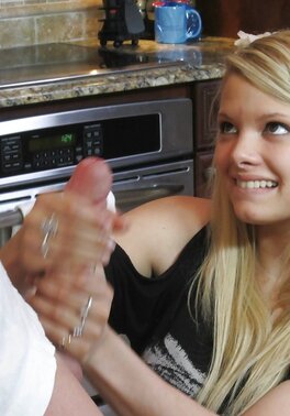 Classy blonde with an expressive face jerks off a daddy
