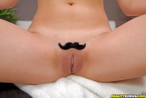 funniest naked pussy Chick with big boobs poses naked with funny mustache-looking wigs on the  pussy - SexVid.xxx