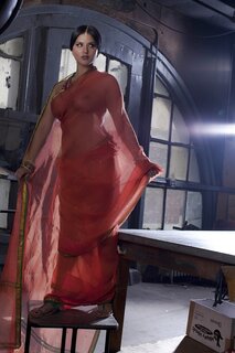 Diva in a transparent red sari fails to hide her big melons with ...