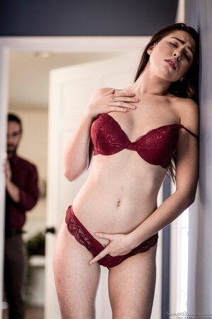 Drop-dead gorgeous lady Melissa Moore caresses herself in luxurious lingerie