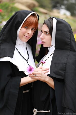 Lesbian nuns come to a secluded place and treat pussies with tongues