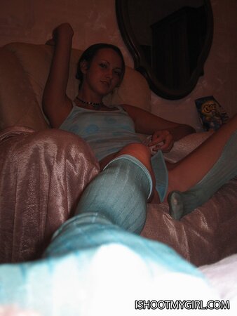 Girl in blue lingerie and high socks tries to pose quiet not to wake up caretakers