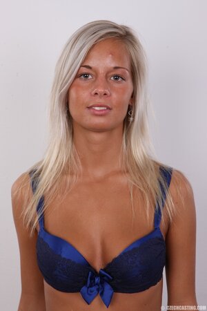 Tanned Czech blonde comes at casting and poses naked in front of camera