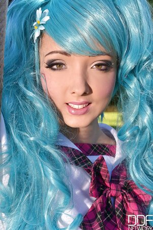 Cosplay whore with blue hair flashes immense babylons and pussy on camera