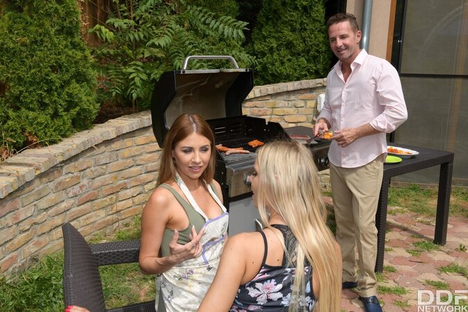 Handsome entrepreneur forgets about barbecue to fuck two young lassies