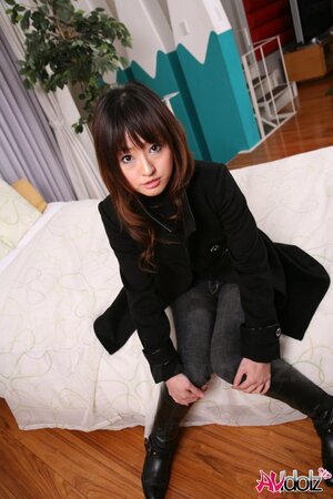 Japanese with full sexy lips loves wearing black outfit posing inside and out