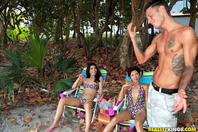 Lifeguard takes two petite Latina babes home to fool around in a threesome