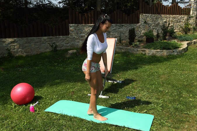Yoga girls get naked to masturbate with a toy while tanning outside