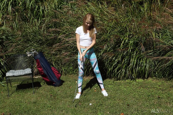 Schoolgirl peels yoga pants off to demonstrate tight pussy instead of playing golf