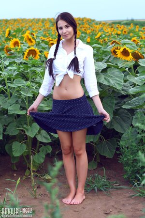 Sexpot finds a spacious sunflower field and strips naked under the sun