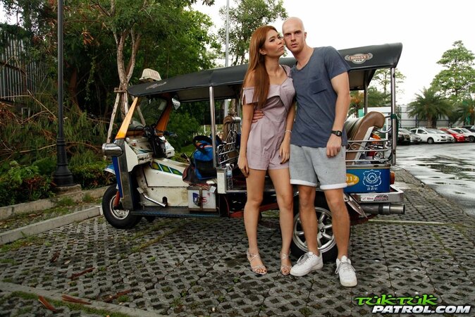 Bald guy and attractive Thai teen have nice outdoor photoshoot near rickshaw