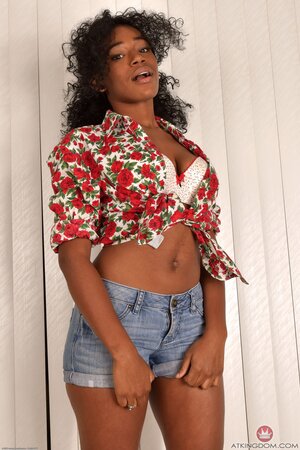Black teen with curly hair and round butt opens her pinky flower spreading labia