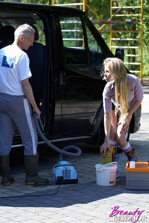 Babe doesn't want to wash a car and old man punishes her for the laziness
