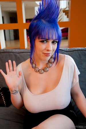 Teen punk girl with a blue mohawk makes it with small vibrator and guy's cock