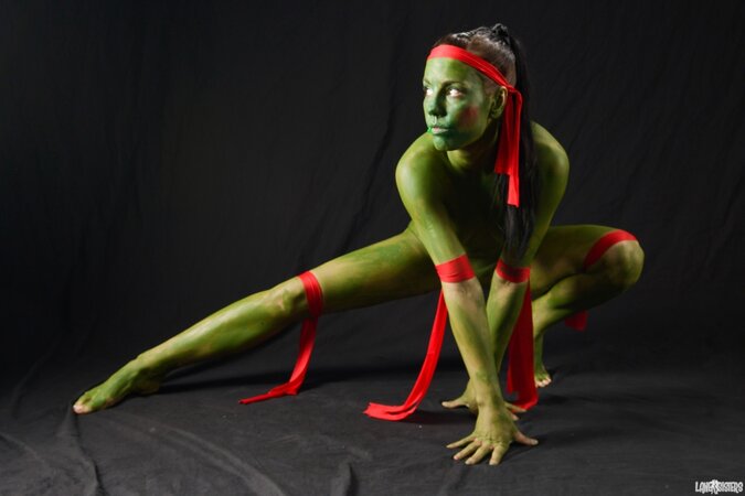 Girl is going to be a Ninja Turtle so she practices some moves in the nude