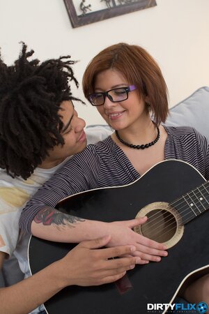 Student with glasses Rebecca Rainbow having hot sex with Ebony music teacher