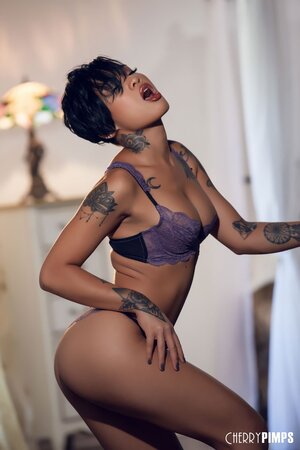 Hot solo pictures of the tattooed Asian with short hair and sensual lips