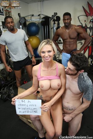 Freaky wife comes to the gym to fuck two black hunks for her hubby to watch