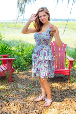 Sweet amateur belle pulls cute dress off and reveals her big breasts outdoors