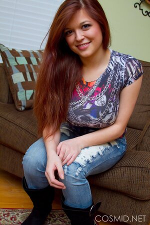 Adorable ginger honey in jeans removes bra to set her huge breasts free