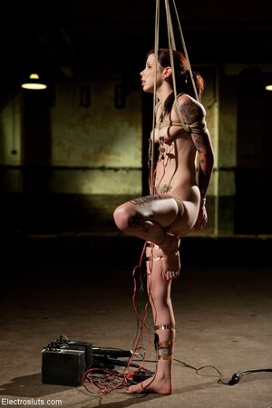 Naked inked slave-girl hangs from the ceiling and gets electrically tortured