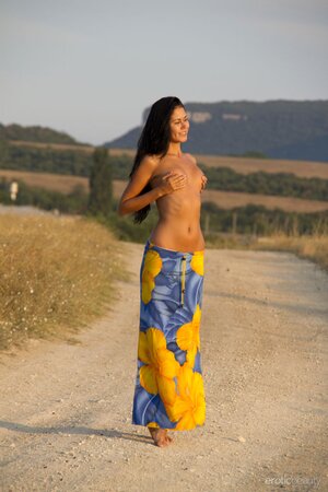 Bodacious teen gal playfully takes off skirt and poses naked on the country road