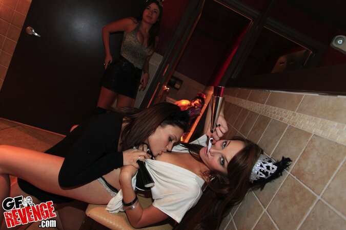 Lesbian bitches get drunk and lick each other's twats in public toilet