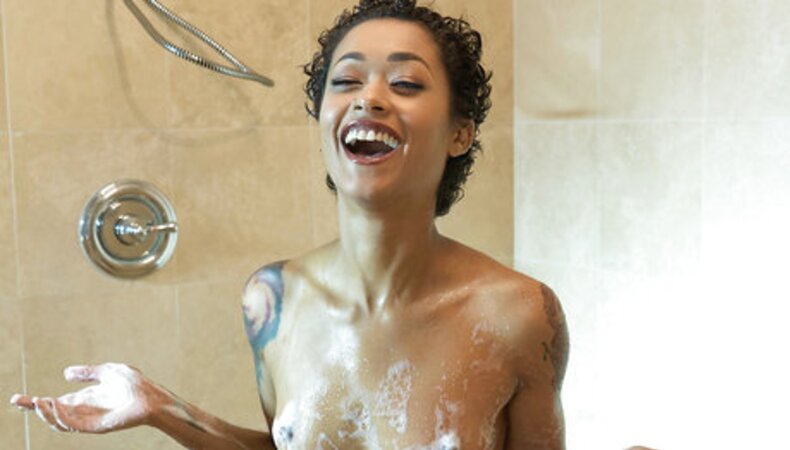 Joyful Ebony teen invites her girlfriend to have lesbian fun in the shower