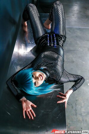 Flawless porn actress cosplays wearing blue wig and bizarre fishnet outfit