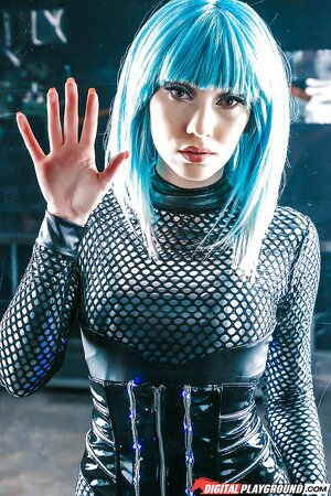 Flawless porn actress cosplays wearing blue wig and bizarre fishnet outfit