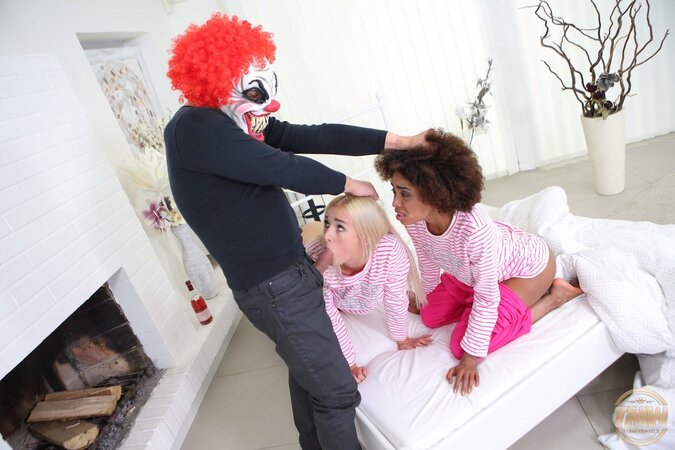 Spooky sex scene with two perfect girls that will screw a clown