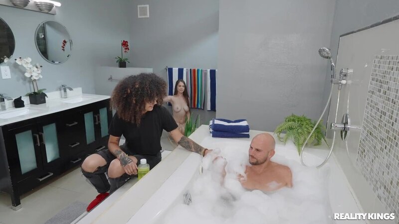Sneaky bathroom sex between a bald dude and a slutty teen