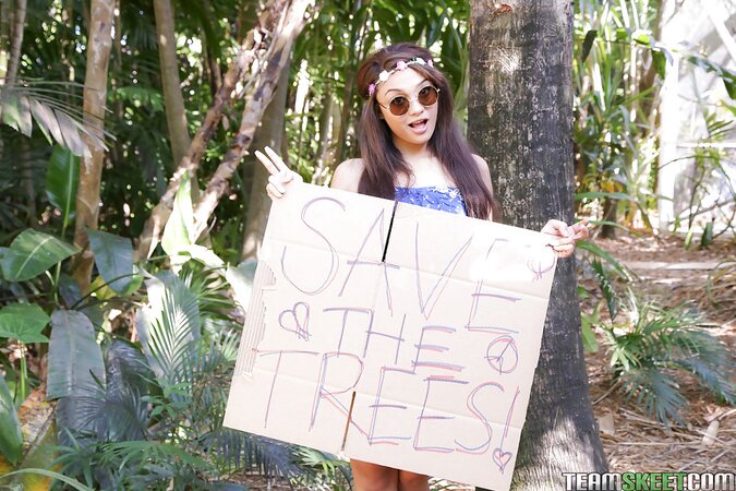 Small-tittied love wants to safe the trees and gets naked in protest