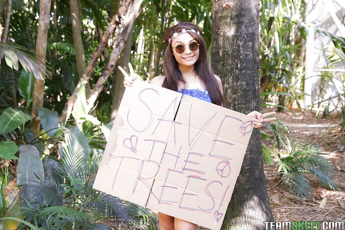 Small-tittied love wants to safe the trees and gets naked in protest