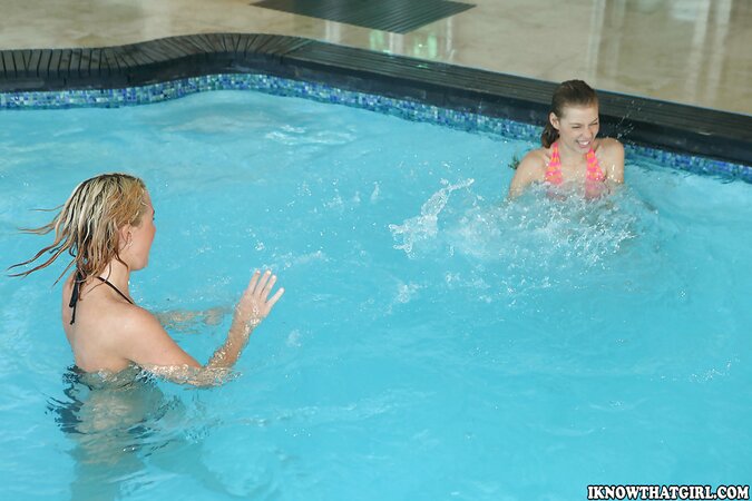 Two young girlfriends share one powerful dick after swimming in the pool