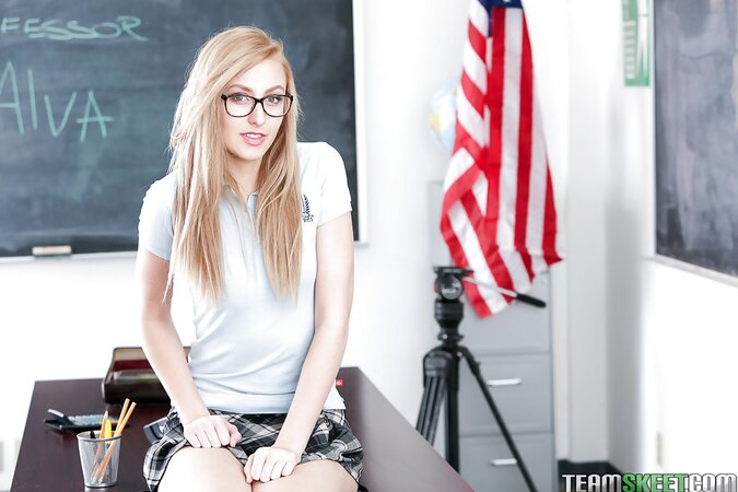 Winsome Nerdy blonde takes off uniform and doesn't care about final exam