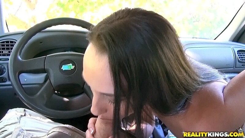 Convincing brunette sucking a fat dick in his car