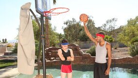 Horny brunette slut outdoors fucked by two basketball studs