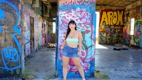 Thick PAWG flashes tits and takes cock in graffiti ruins