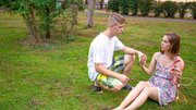 Russian redhead with small tits fucked on blue striped bed