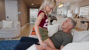 Flexible blonde plays with a woman and a hung DILF