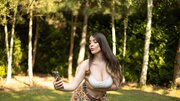 Busty brunette stunner rides older guy's cock on couch