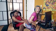Ebony guy is fucking white chick while girlfriend is playing game