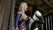 Superheroines solve the conflict by interracial lesbian sex