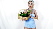 Eccentric blonde shoves several cucumbers into her asshole