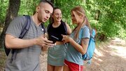 Guy follows naughty girls to their camp and has a threesome there