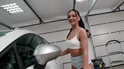 Athletic hottie gets facialized after wild fucking in the garage